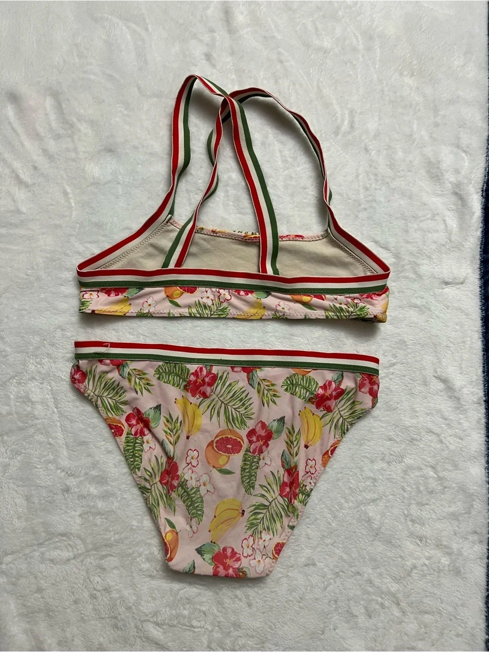 Zara Girls Pink Tropical Fruit Bikini with Red & Green Striped Trim